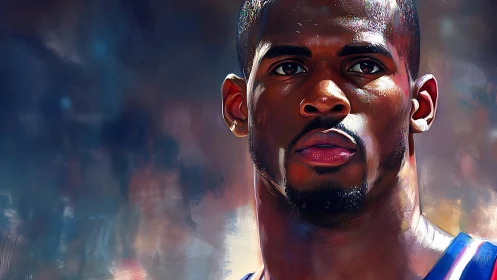 Digital portrait of focused basketball player in close-up profile.