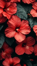 Hibiscus Flores in Vivid Crimson: Macro Detail Photography with Dark Foliage