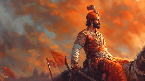 Sunlit warrior king astride steed under ember bright sky.