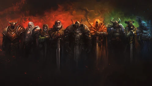 Line of armored fantasy warriors stands against gradient background