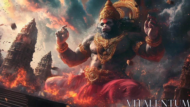 Colossal simian deity manifests amid burning temples and storm clouds