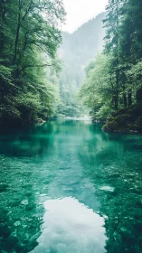 Emerald forest lake lies in misty mountain tranquility.