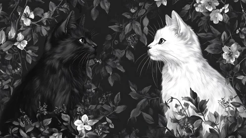 Monochromatic Felidae Duality: Black and White Cats Among Floral.