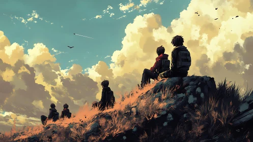 Sunset hillside watch with friends under glowing clouds.