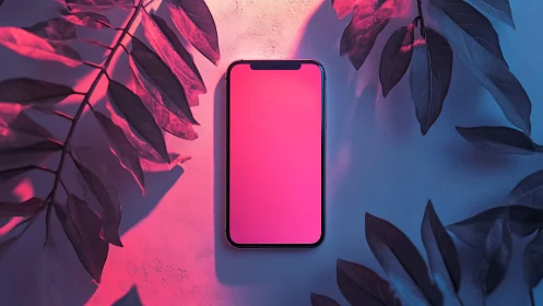 Luminous smartphone glows softly amid dreamy neon leaves