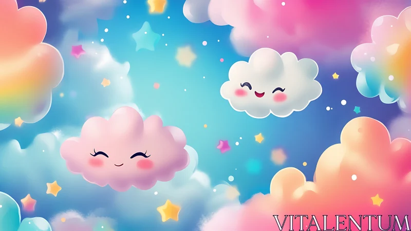 Smiling pastel clouds trade secrets with twinkling candy stars