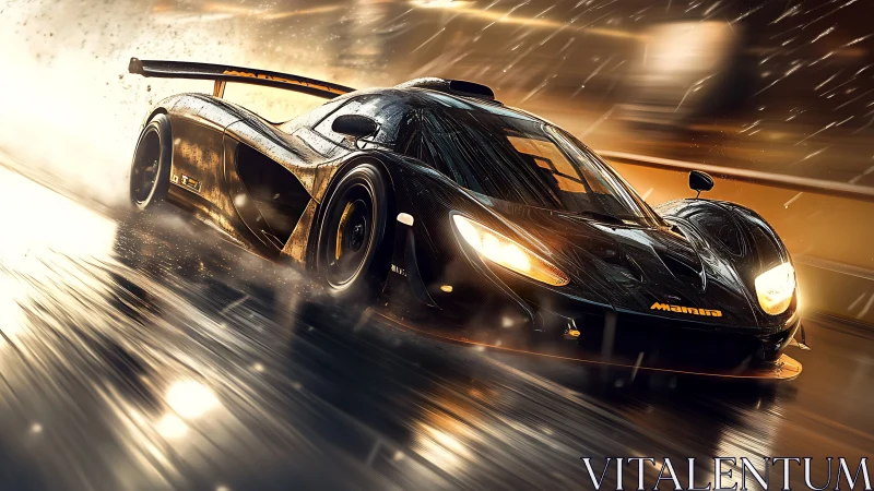 Sleek black supercar racing through glowing night rain.