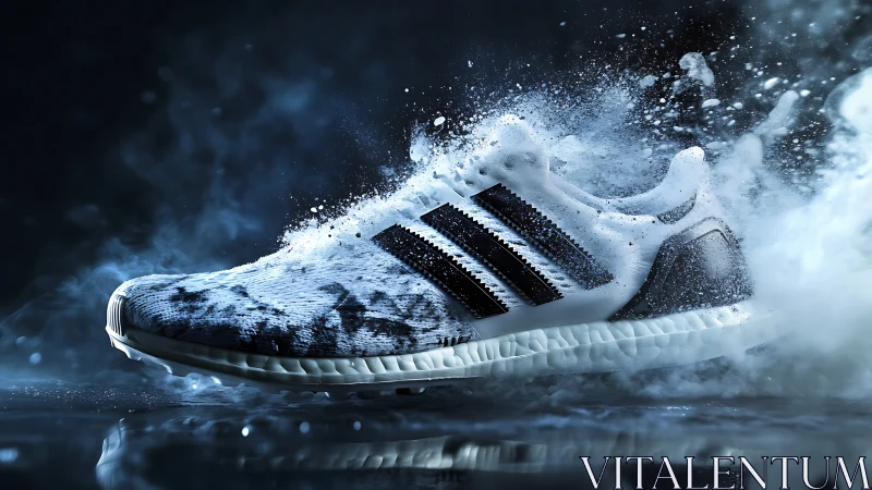 Dynamic sports sneaker exploding through water and mist.