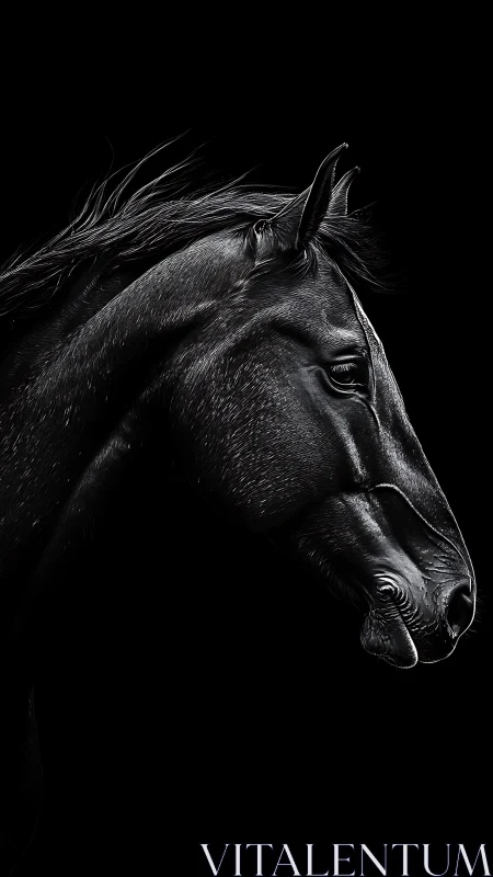 Midnight stallion etched in silver light and shadowed calm.