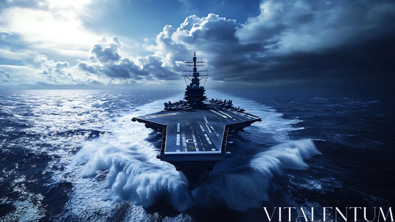 Aircraft carrier moves through rough ocean under dramatic sky