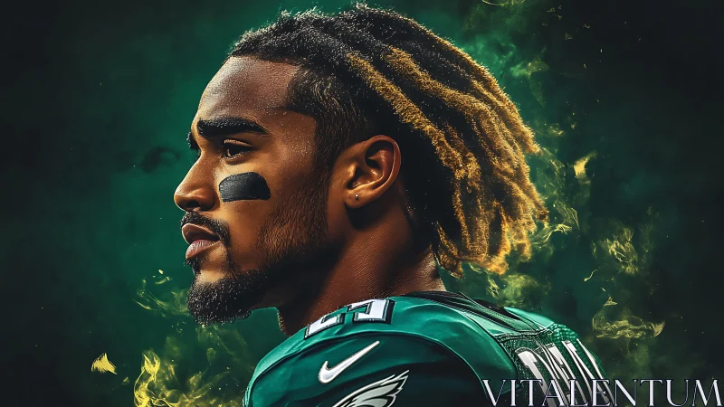 Side profile digital portrait of football player in green.