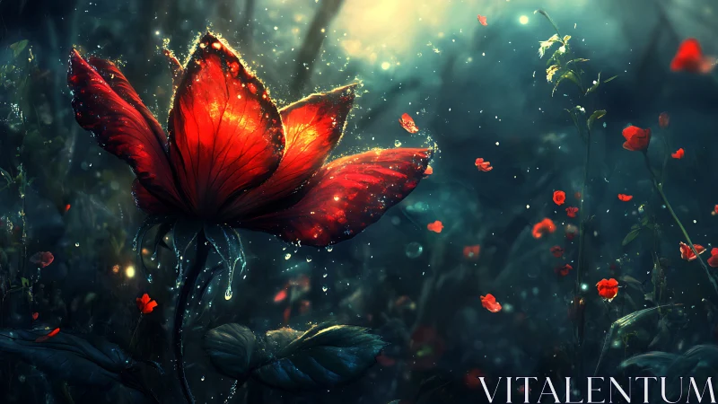 Red luminous flower glows in dark forest clearing