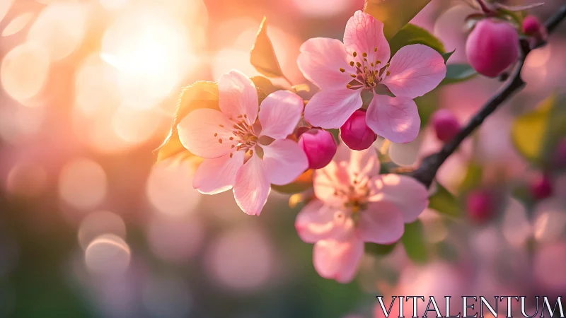 Pink Blossoms Backlit by Golden Sunlight.