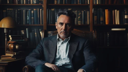 Library-seated intellectual under warm directional study lighting.