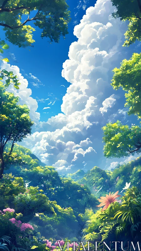 Sunlit Forest Canopy with Towering Clouds.