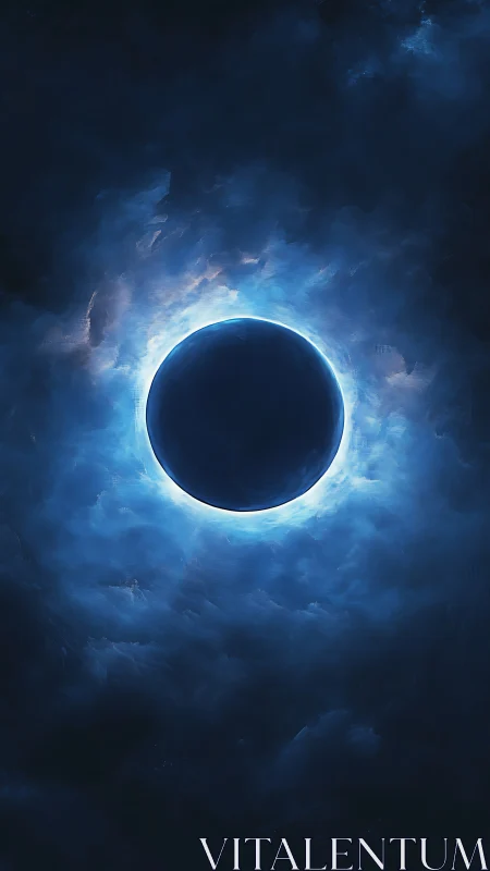 Luminous blue eclipse sphere suspended in turbulent cosmic fog