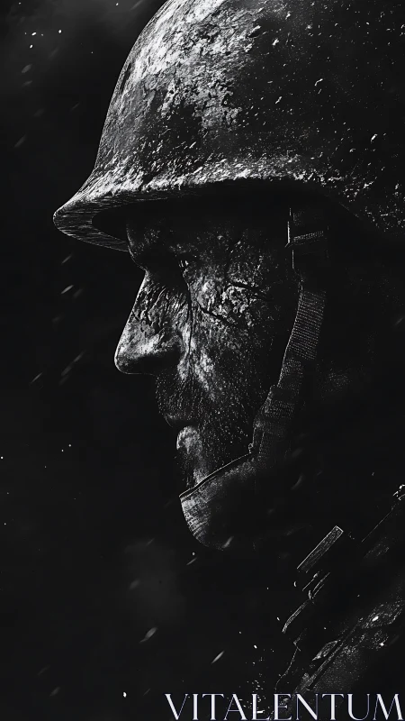 Weathered soldier profile in stark monochrome war portrait.