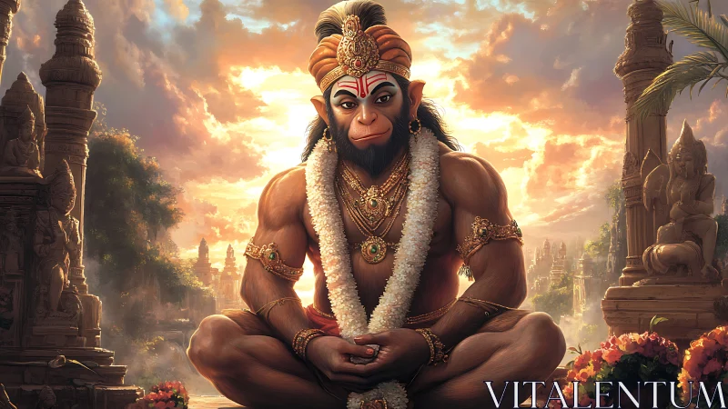 Divine monkey warrior in sunset temple meditation scene.