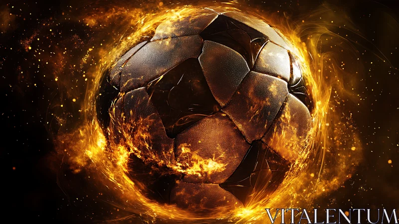 Textured soccer ball rendered within controlled fiery effects