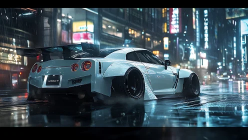 Neon rain crowns a widebody street beast in midnight drift