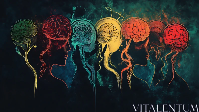 Silhouetted human heads with colorful brains in sequence.