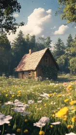 Sunlit forest cottage nestles gently in a wildflower meadow