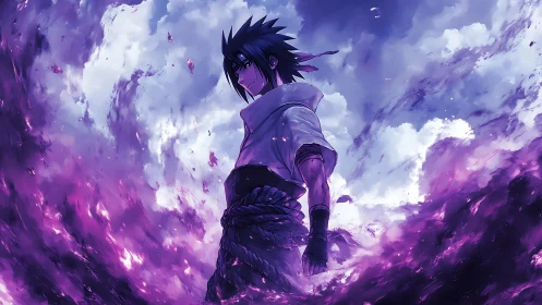 Anime swordsman stands amid swirling purple energy clouds