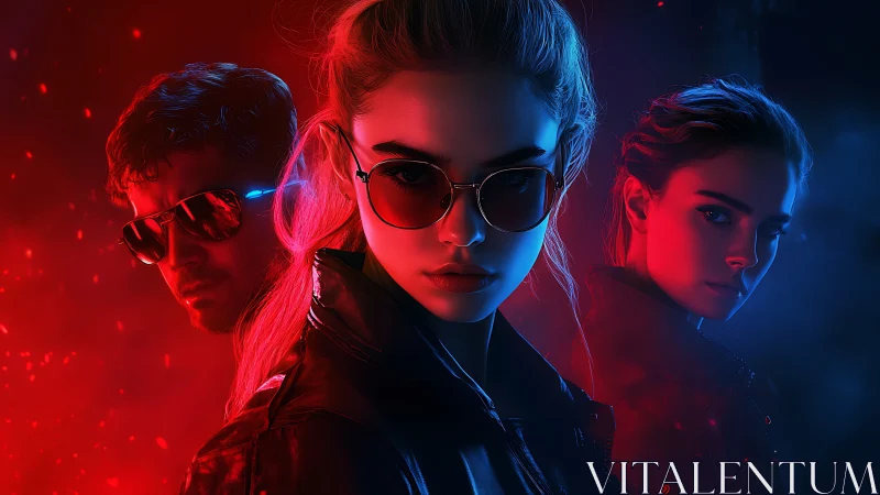 Neon-lit rebel trio in stylized red and blue portrait.