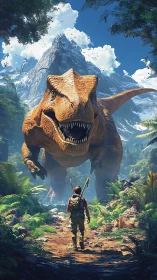Explorer walks toward charging T. rex in dense jungle valley