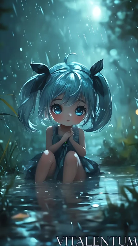 Rain-soaked chibi girl in moonlit forest pool at dusk.