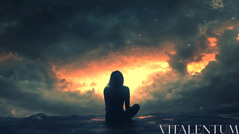 Solitary dreamer watching a storm-woven cosmic sunrise.