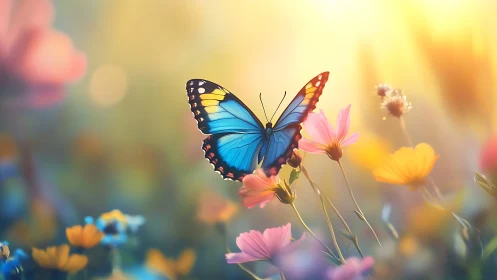 Digital painting of blue butterfly in luminous flower meadow.