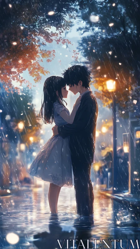 Couple stands embracing in heavy rain on glowing city street