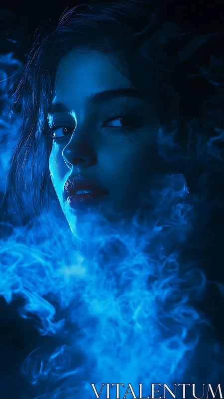Cyan-lit female portrait immersed in volumetric blue smoke