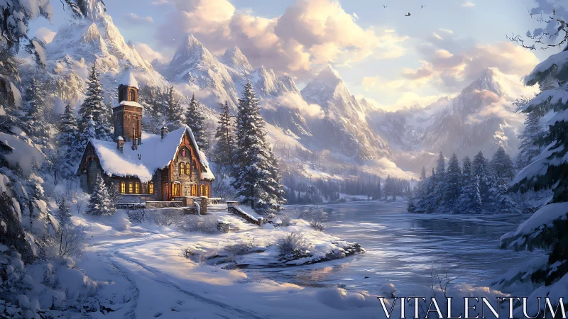 Snow covered cabin by frozen river in alpine valley.