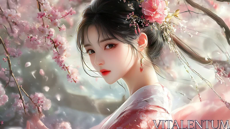 Digital hanfu portrait amid dynamically rendered sakura petals.