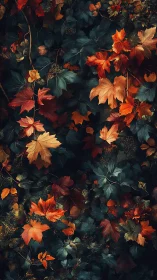 Autumn foliage pattern with glowing red and gold leaves.