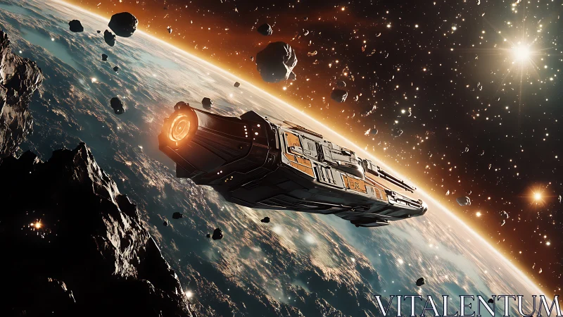 Starlit cruiser gliding through a blazing asteroid sunrise.