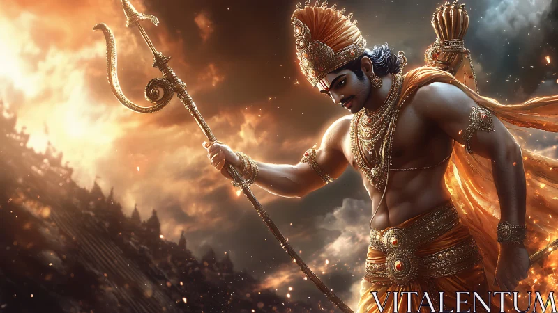 Warrior deity in golden armor strides through stormy twilight