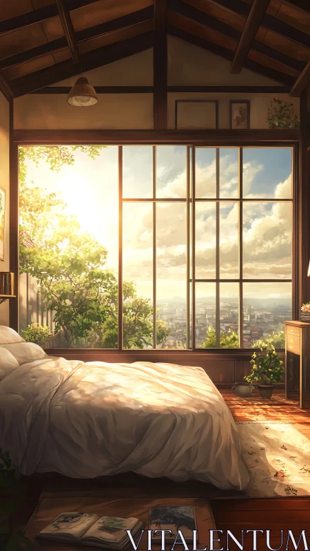 Sunlit attic bedroom overlooks distant city through tall window