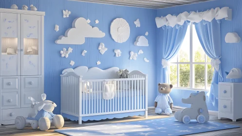 Blue nursery interior with crib, toys, and cloud decor.