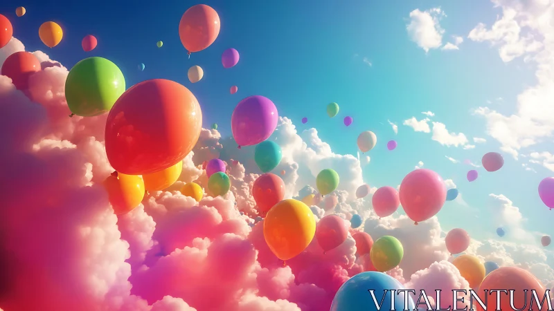 Vibrant balloons drift through glowing pastel cloudscape sky
