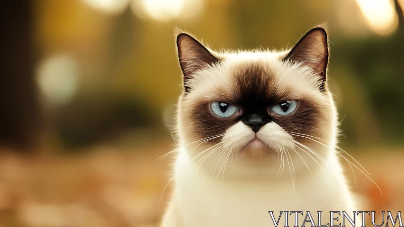 Grumpy Blue-Eyed Cat with Siamese Coloring Stares Intently