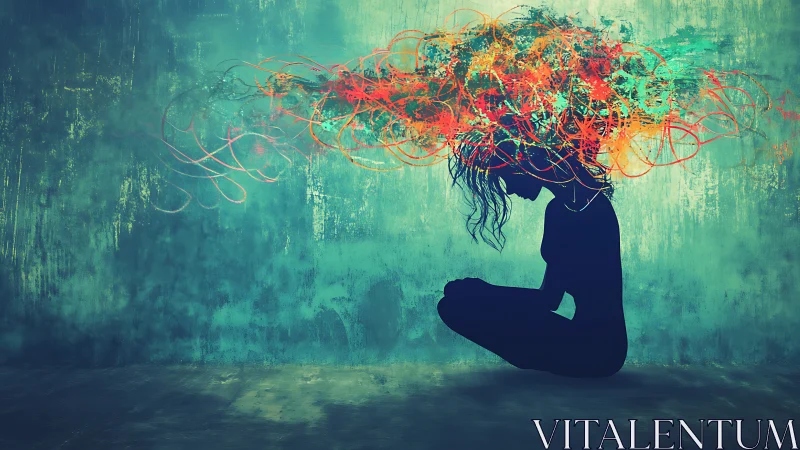 Silhouette meditates beneath chaotic neon abstract mindscape.