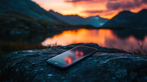Lonely smartphone quietly mirrors a blazing mountain sunset