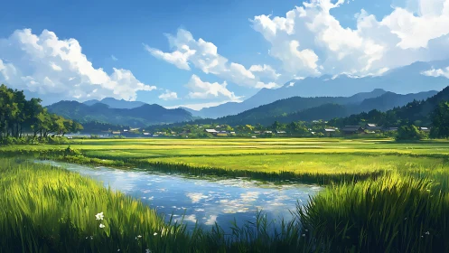 Sunlit rice terraces reflect deep blue summer sky.