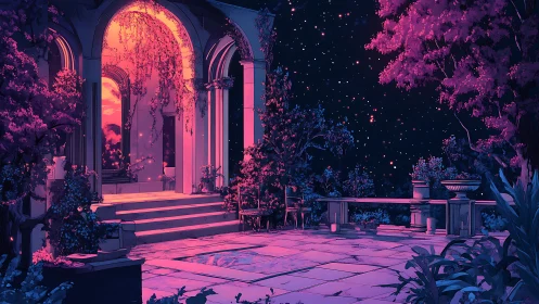 Starlit garden terrace glows softly with dreamy pink light