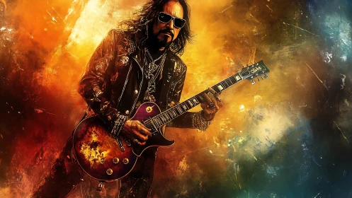 Fiery rock guitarist glowing in swirling, electric color storm.