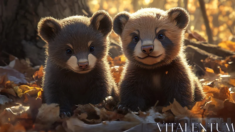 Two stylized bear cubs sit among autumn forest leaf litter