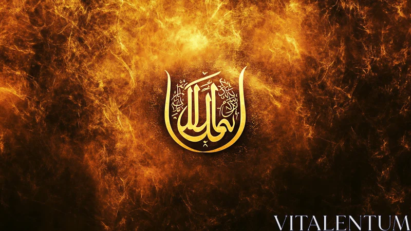 Arabic calligraphic emblem is centered on fiery abstract field